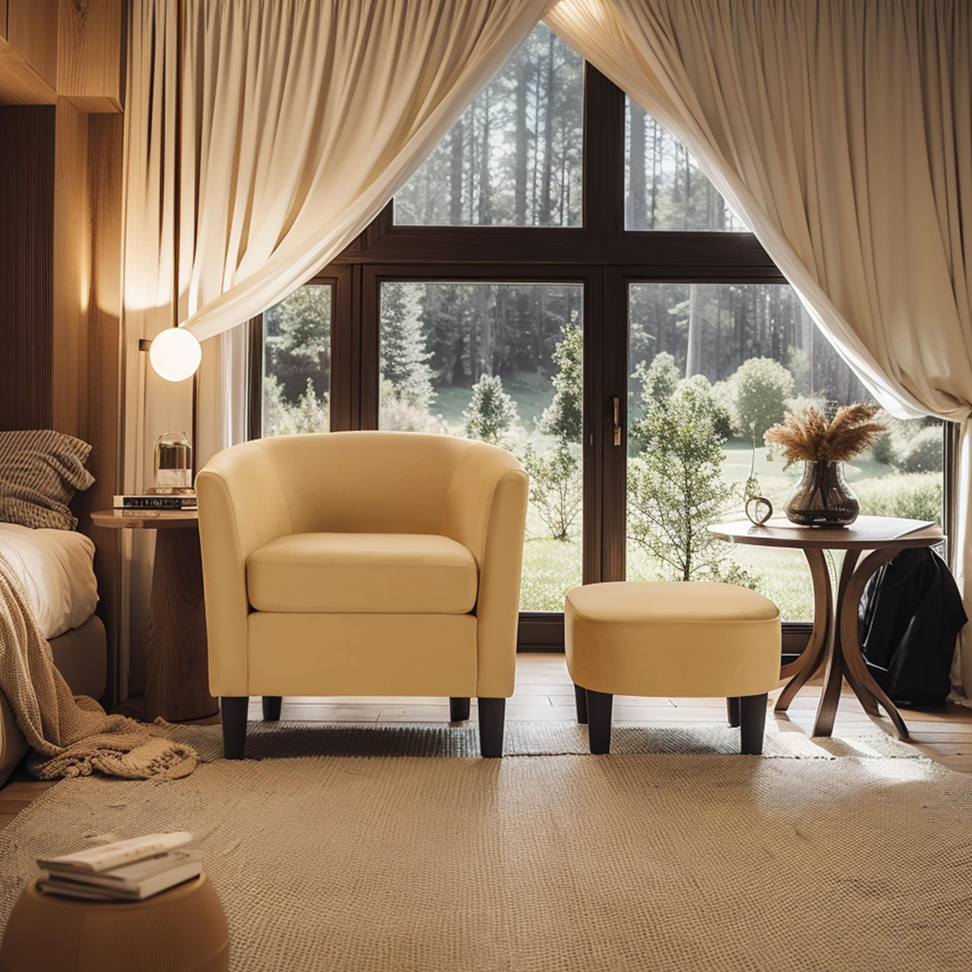 Velvet Accent Chair With Ottoman, Modern Barrel Chair Armchair For Living Room, Bedroom, Yellow_maomaolike.com